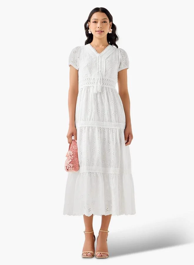 2Xtremz 2Xtremz A-line Midi Cotton Tiered Dress with Schiffli Embroidery